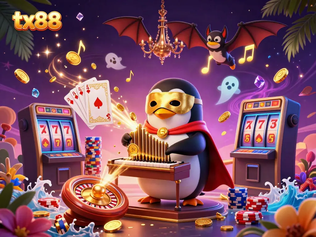 Experience the excitement of tx88 with a cartoon penguin playing melodies that yield golden coins amidst dazzling casino elements.