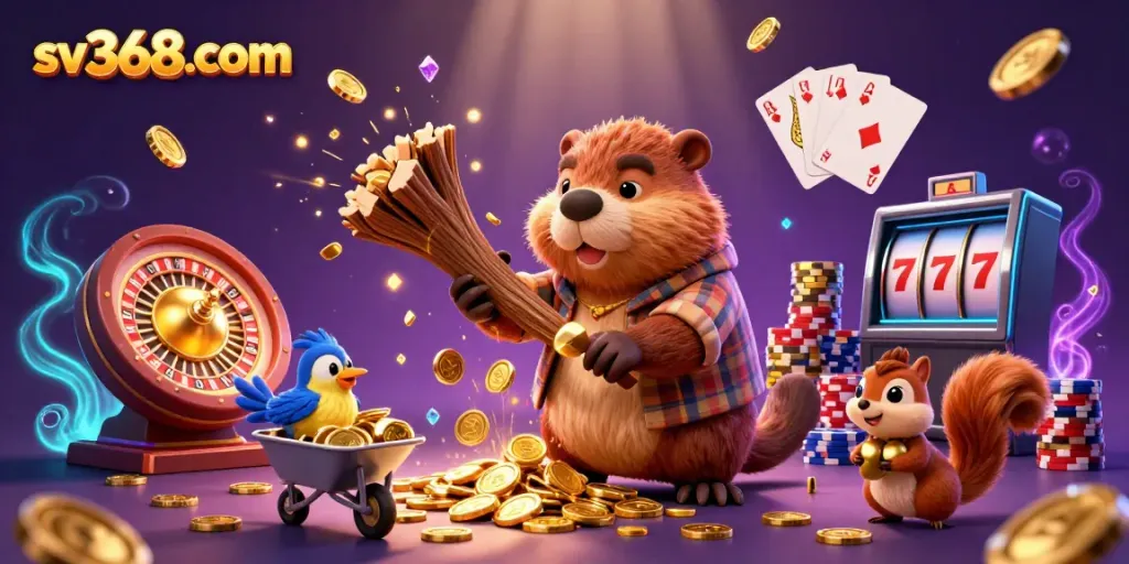 sv368com offers a vibrant casino experience with cheerful characters and golden treasures.