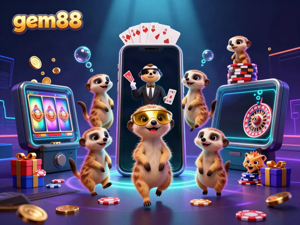 Experience the excitement at gem88 with meerkats managing a lively casino scene enriched by vibrant game elements.