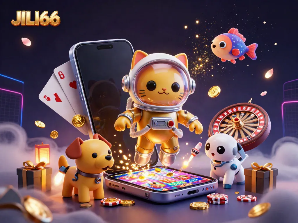 Experience JILI66 excitement with a vibrant scene of a golden-suited astronaut cat and a robot dog amidst casino game elements.