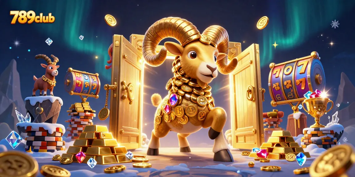 Engage with 789club through a vibrant illustration of a golden ram charging towards riches in a casino setting.