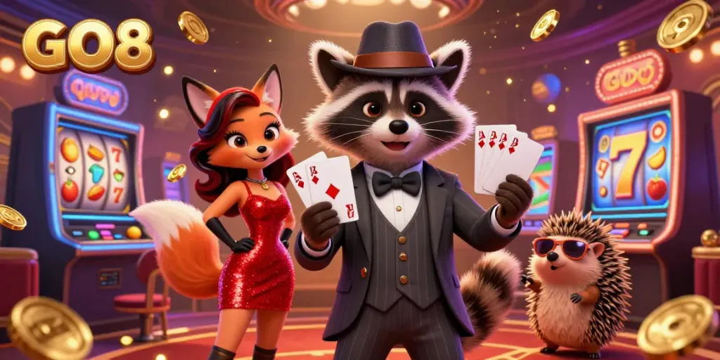 Experience thrilling gaming at GO8 with a suave raccoon and friends in a vibrant casino atmosphere.