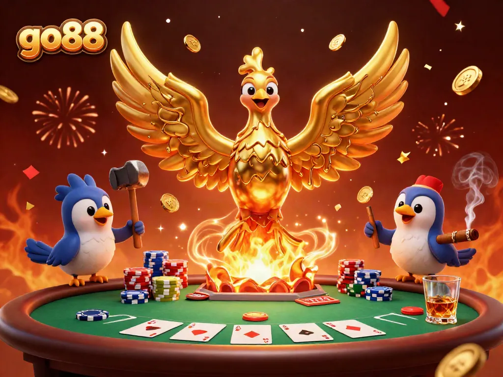 Experience the thrilling atmosphere of go88's vibrant casino scene filled with gold and poker excitement.