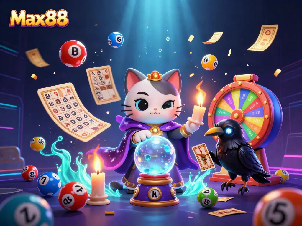 Experience thrilling gaming with Max88's dynamic scene filled with colorful lottery elements and mystical characters.