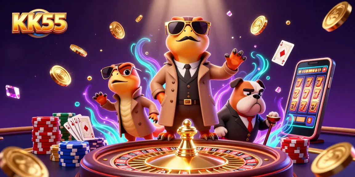 Experience thrilling gaming action at KK55 casino with raptors and a bulldog amid golden coins and slot machines.