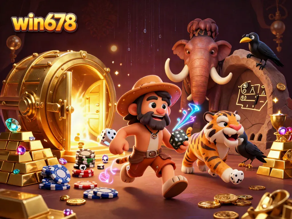 Experience the excitement of win678 with a vibrant prehistoric casino scene featuring unique characters and gold treasures.