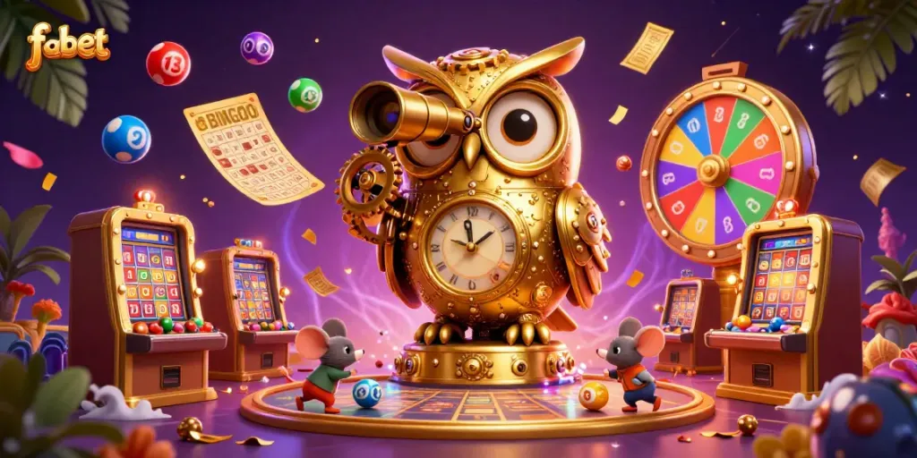 Engage with fabet's thrilling casino world featuring a clockwork owl, dynamic slot machines, and vibrant game elements.