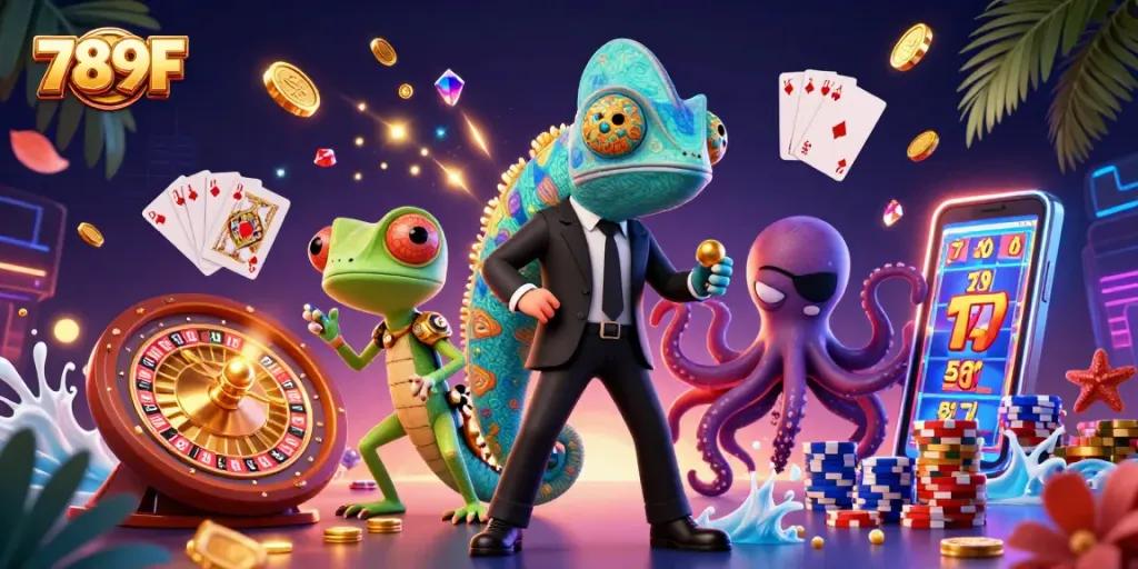 Win big with exciting games at 789F featuring dynamic casino elements and vibrant illustrations.