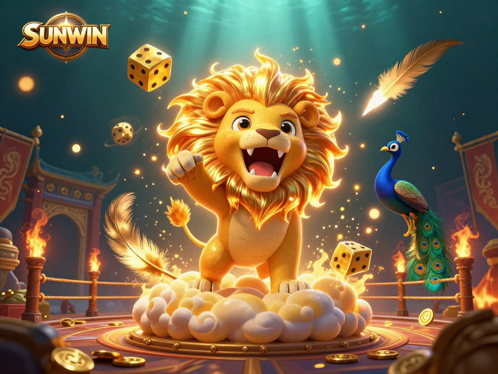 SUNWIN offers a vibrant scene of dynamic casino action with a roaring sun lion and golden game elements.