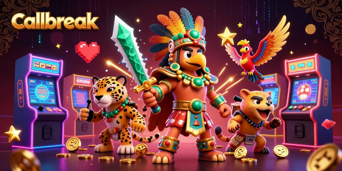 Experience thrilling Callbreak gameplay with a vibrant scene showcasing 3D characters and arcade elements in a casino setting.