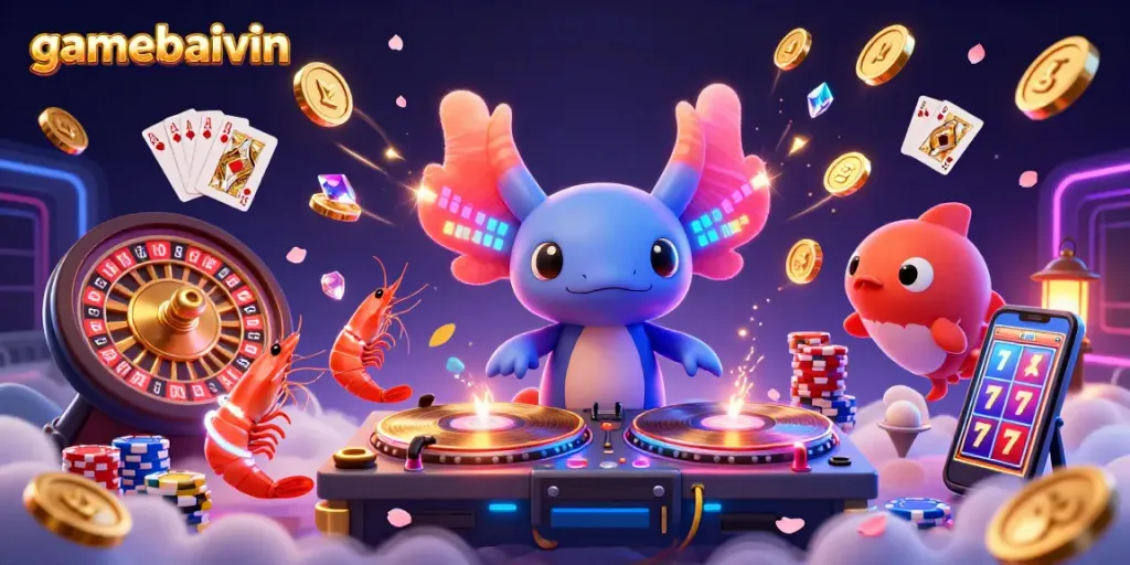 Play exciting casino games at gamebaivin with vibrant 3D characters including a neon axolotl DJ.