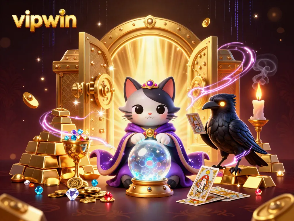 Experience thrilling wins with vipwin at a vibrant 3D casino scene, featuring mystic characters and treasure.