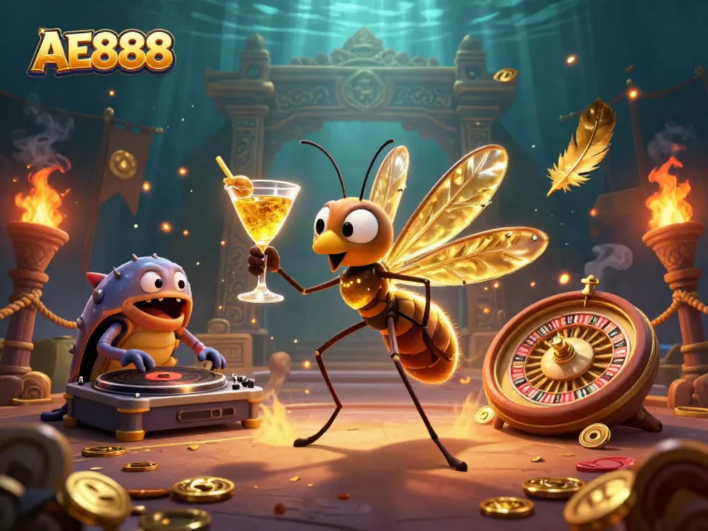 Experience thrilling gameplay at AE888 with a vibrant casino scene featuring mascots and action.