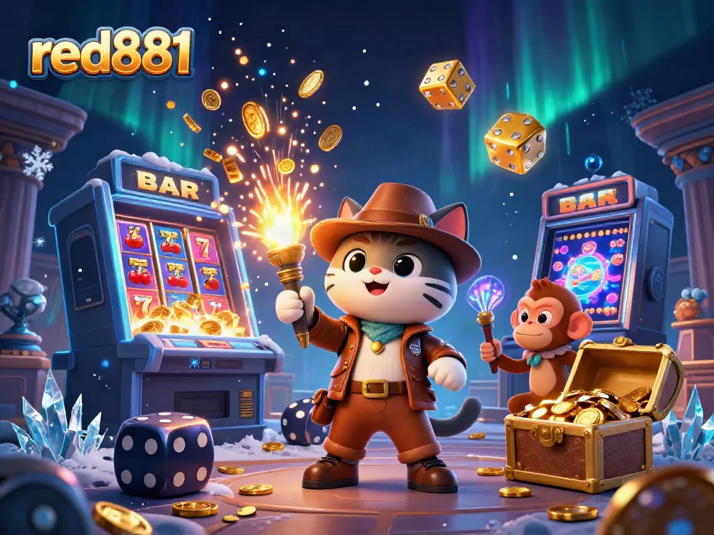 Experience thrilling adventures at red881 with a cat explorer and monkey discovering a casino treasure.