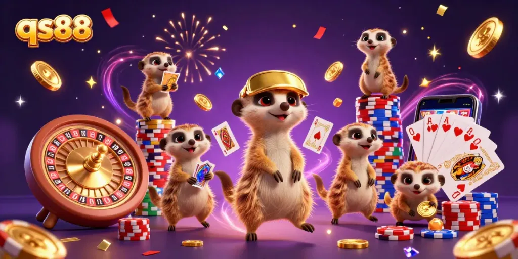 Experience thrilling casino action with qs88's festive meerkat casino illustration