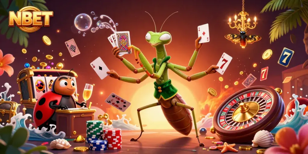 Experience thrilling gameplay at NBET with 3D illustrations of casino games and characters.