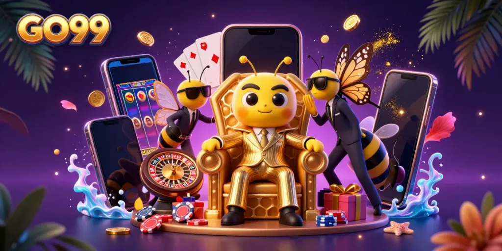 Experience the thrill of GO99 with a busy cartoon casino scene featuring a bumblebee mob boss and animated slot games