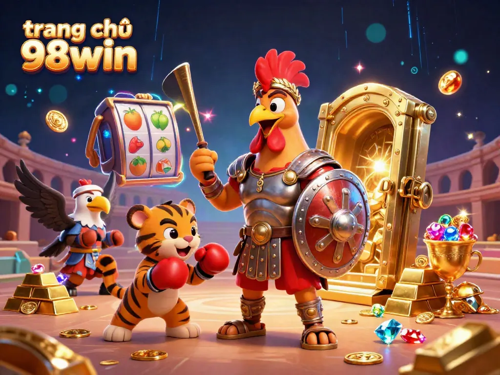 Experience excitement at trang chủ 98win with vibrant casino scenes featuring a gladiator rooster and treasure elements.
