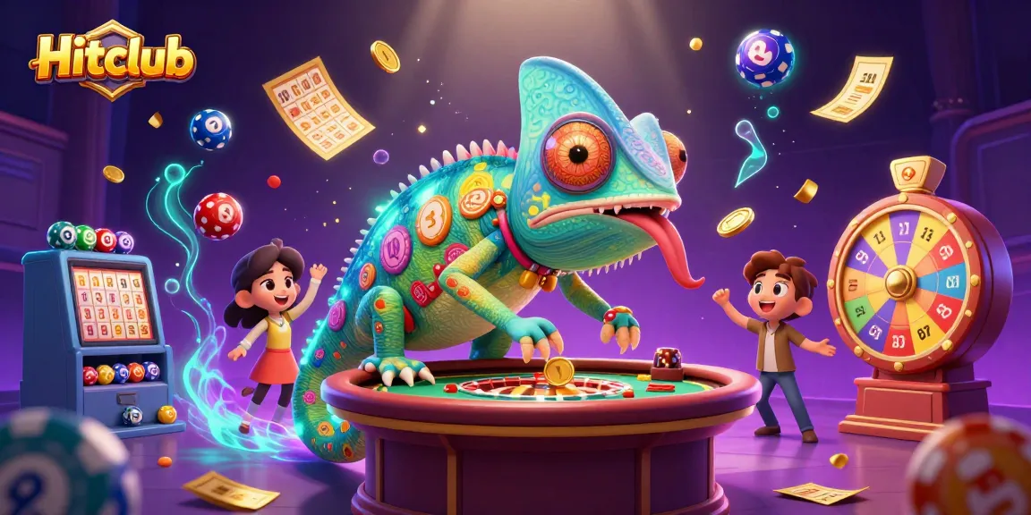 Hitclub chameleon casino owner dynamic scene capturing colorful lottery balls and golden coins.