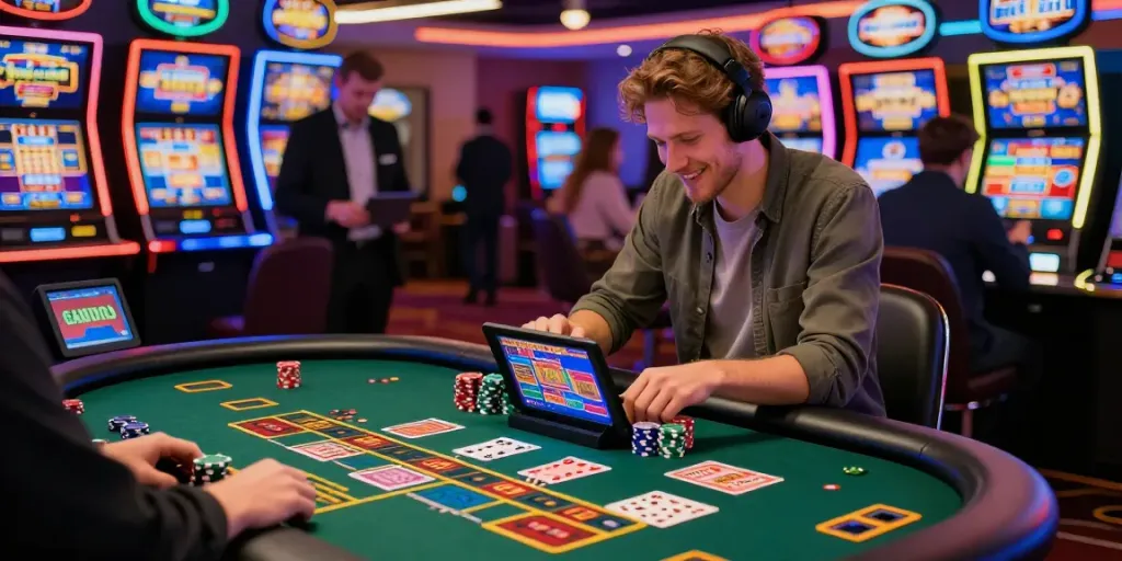 Exciting online gaming experience at the best non gamstop casinos UK, featuring a player at a colorful gaming table.