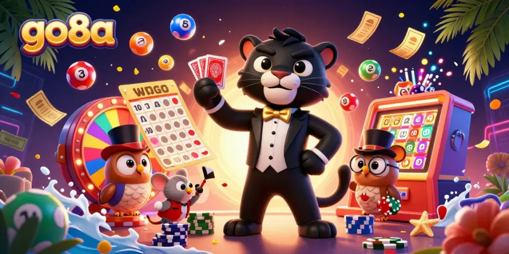 Engage in the thrills of go8a with a stylish panther dealer and friends in a lively casino scene.