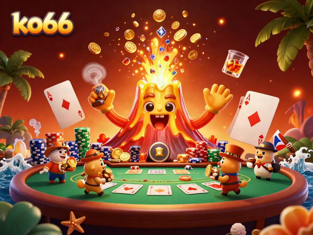 Experience the thrill of ko66 with treasures erupting from a golden volcano at an online casino.