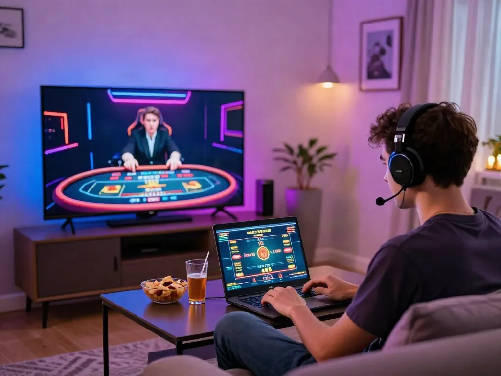 Best non gamstop casinos UK scene featuring a young adult gaming online in a lively atmosphere.