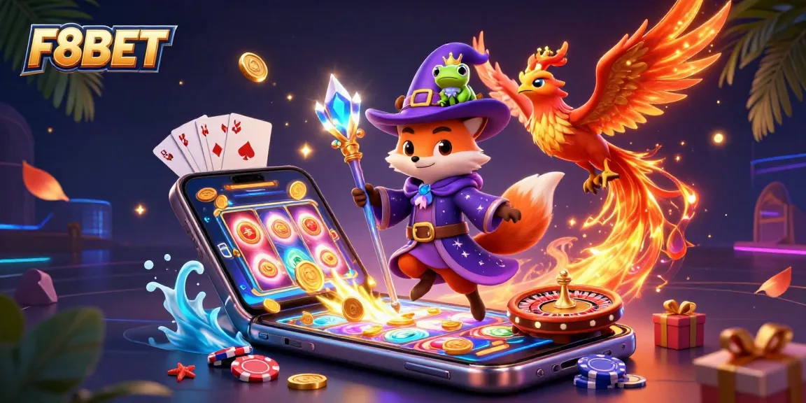 Experience exciting gaming at F8BET with a mystical fox wizard, phoenix, and vibrant casino elements.