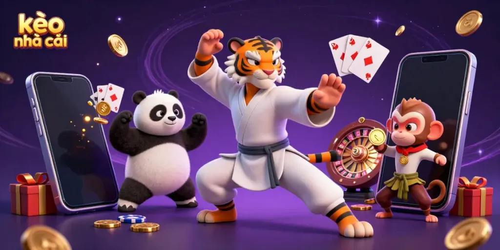 Dynamic scene showcasing kèo nhà cái featuring a kung fu tiger, panda, and monkey with casino elements.