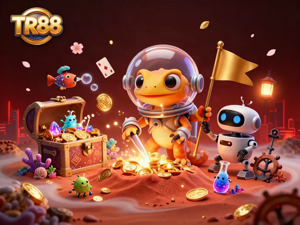 TR88 showcases a Martian gecko discovering a golden casino, symbolizing unmatched gaming adventures.