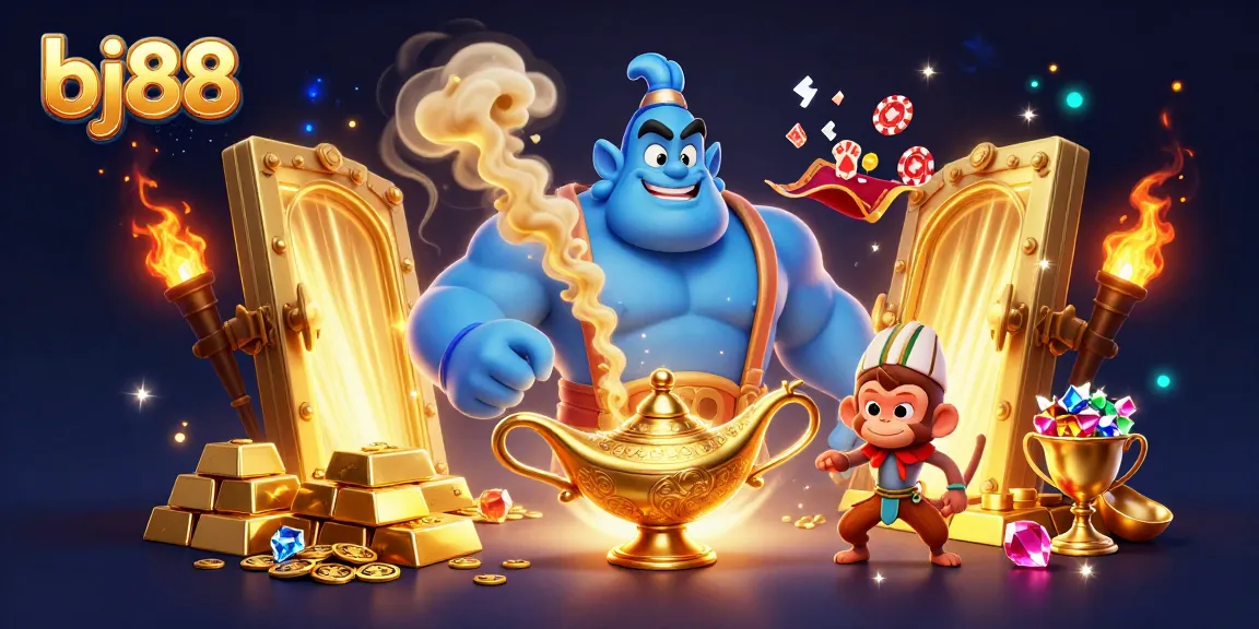 Experience thrilling gameplay at bj88 with a towering genie, sparkling gems, and casino adventures.