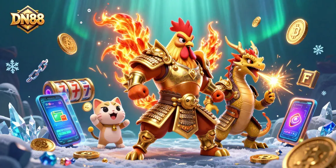 Engage in thrilling casino action at DN88, featuring a dynamic 3D rooster warrior and dragon amidst vibrant slot reels.