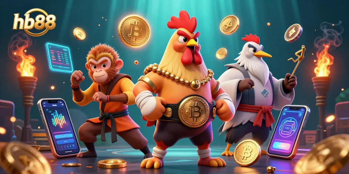 Experience thrilling gameplay with hb88 through dynamic crypto-themed cartoon illustration showcasing unique characters.
