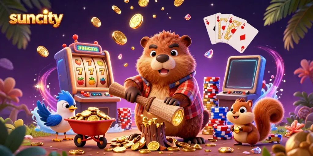 Suncity themed illustration of a beaver, bird and squirrel celebrating with casino elements around