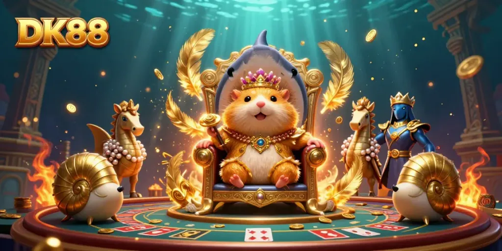 Experience the thrill of DK88's live casino with golden hamster royalty and dramatic gaming elements.