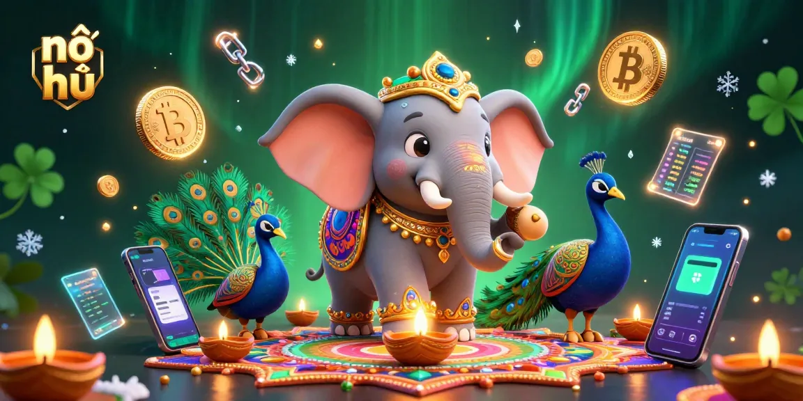 Engage with nổ hũ: vibrant 3D illustration of a lucky elephant amidst vibrant casino elements.