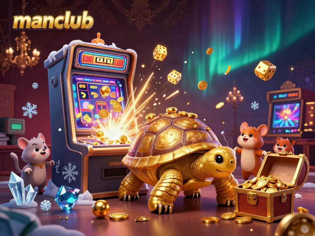 Experience thrilling wins at manclub with vibrant casino games and lively characters in this dynamic 3D illustration.