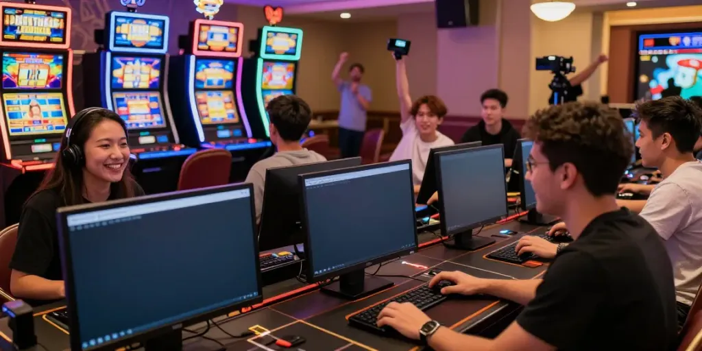 Players enjoying Gtspins Casino UK games with bright slot machines and live dealers in a vibrant setting.