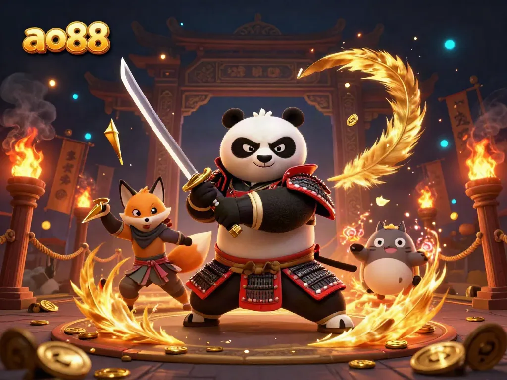 Engage with ao88 fantastical gambling adventure featuring samurai panda and ninja fox in dynamic casino scene.