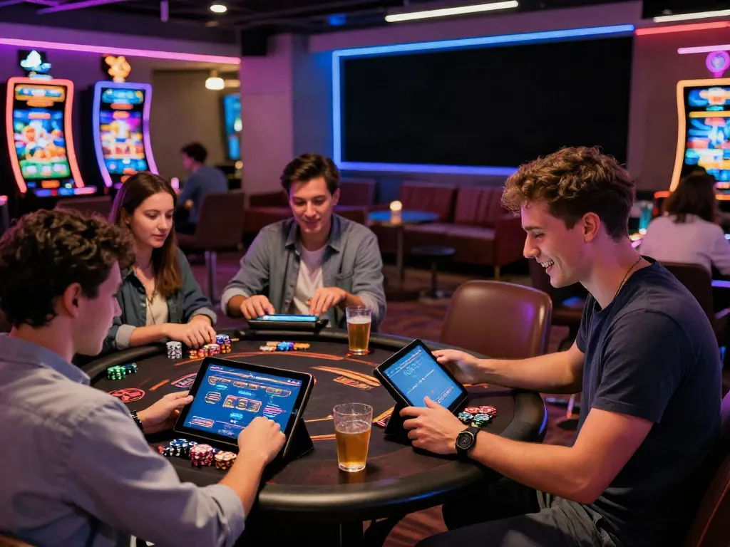 Players enjoying the best non GamStop casinos UK in a vibrant gaming lounge atmosphere.