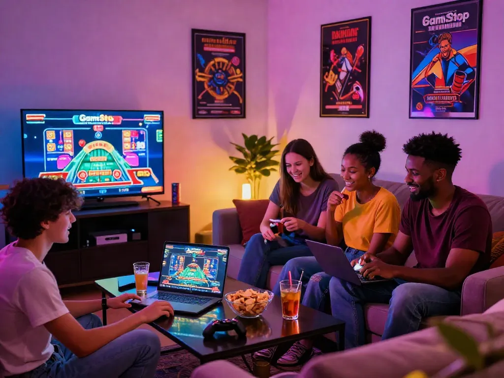 Group of friends enjoying the best non gamstop casinos uk in a lively online gaming atmosphere