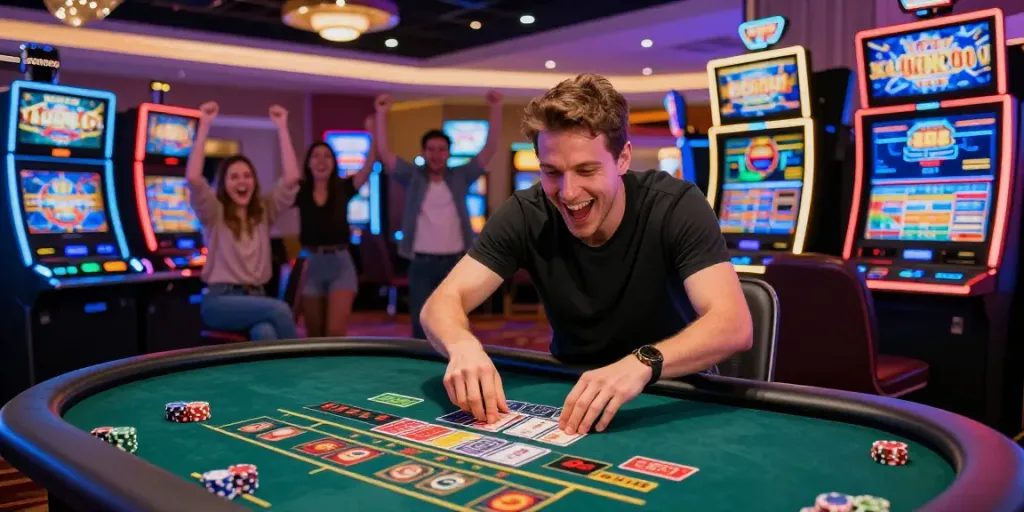Enthusiastic player enjoying 9bet experience at a lively casino table.