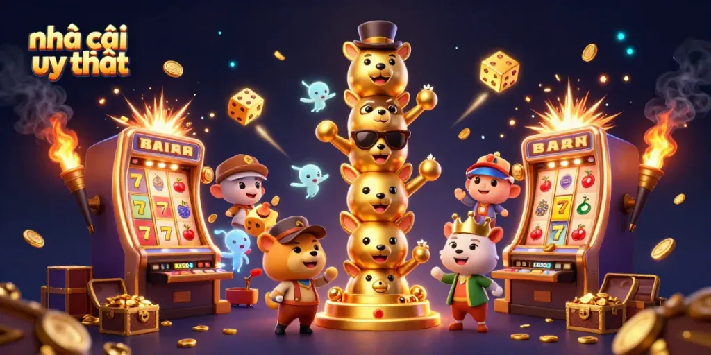 Experience the thrill of nhà cái uy tín through vibrant slot machines and a golden totem in this dynamic 3D casino illustration.