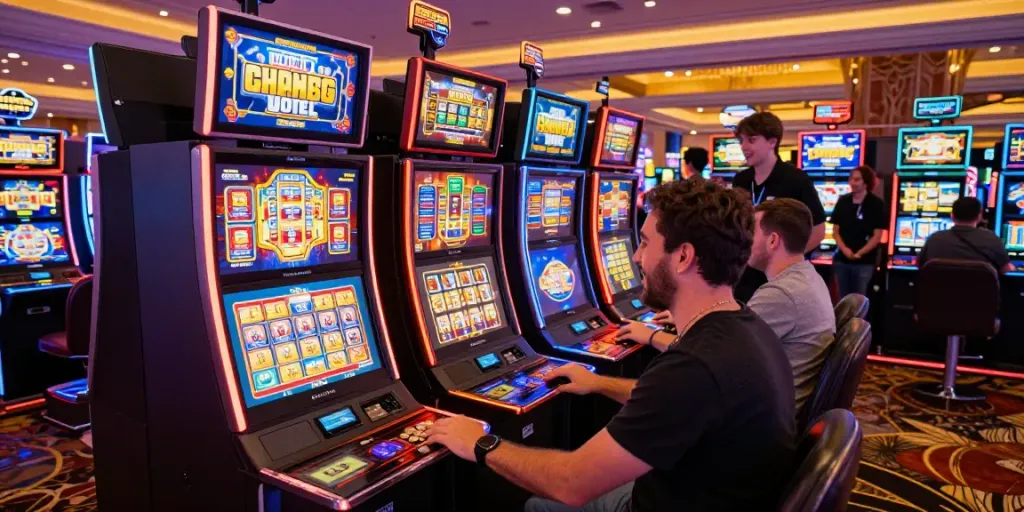 Vibrant scene at the best non GamStop casinos UK with players at exciting slot machines.