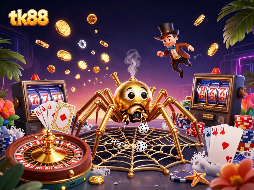 Engaging illustration of tk88 featuring a golden spider, poker elements, and cascading coins.