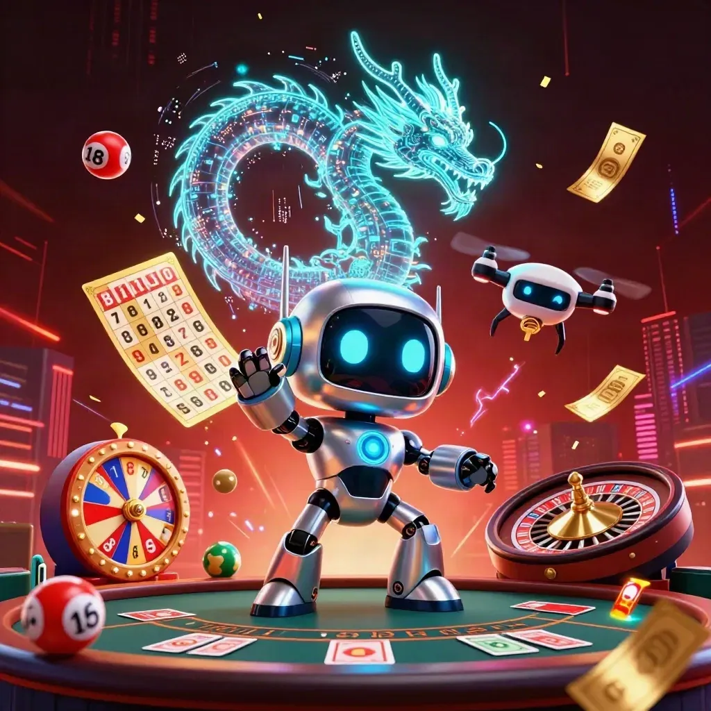 Cyberpunk robot, holographic dragon and coin drone amid casino light, balls, wheel, cards and teal glow.