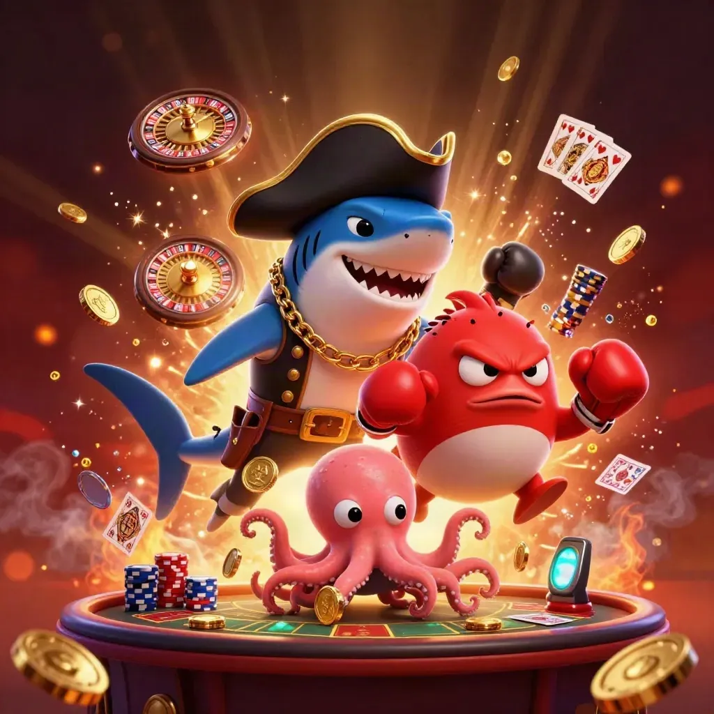 Pirate shark, boxing pufferfish and coin-juggling octopus in a neon casino storm.