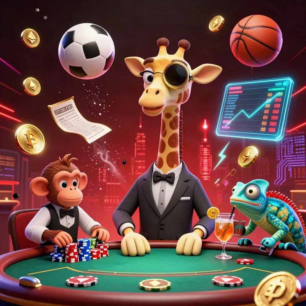 Cartoon giraffe, monkey valet, and chameleon amid flying sports balls and casino neon