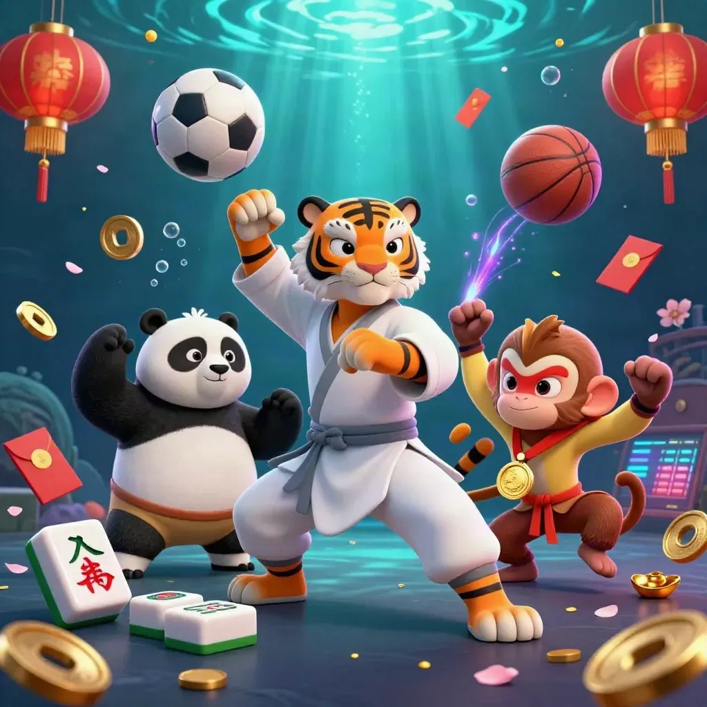 Kung-fu tiger, panda, and monkey amid casino game icons in an underwater teal glow.