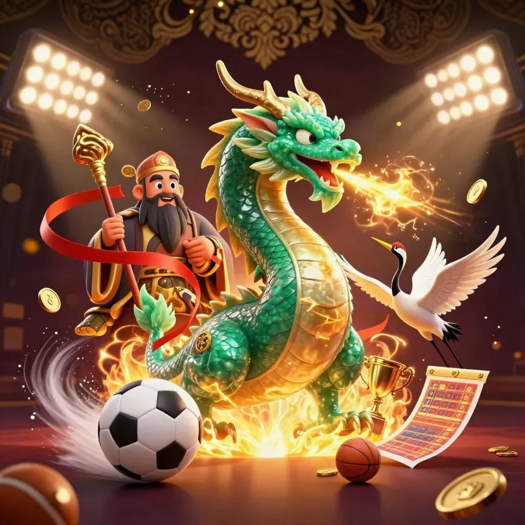 Dragon, turtle sage and cranes amid flying sports balls, coins and gold light in a casino fantasy scene.